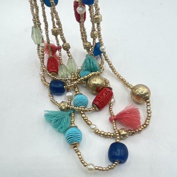 Chico's Colorful Multi-Strand Beaded Necklace With Tassels & Adjustable Gold Cha - Picture 2 of 6